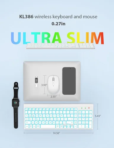 Vista 7 de SABLUTE Wireless Keyboard and Mouse Combo Backlit - Compact Quiet Keyboard with RGB Mouse, Rechargeable, Slim, Sleep Mode, Portable Cordless Set for
