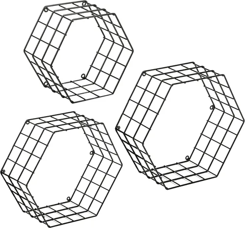 Vista 4 de Estante flotante de metal para montar en la pared con diseño hexagonal, pack de 3 unidades, negro.