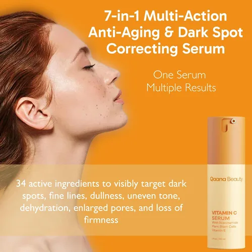 Vista 2 de Qaana - Suero facial súper vitamina C para pieles maduras: fórmula hidratante antienvejecimiento 7 en uno con vitamina C, ácido hialurónico