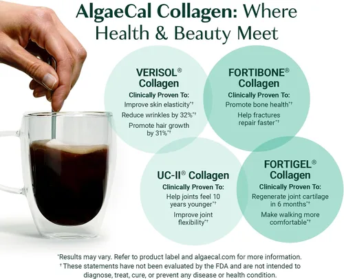 Vista 3 de ALGAECAL Colágeno: 4 Péptidos clínicamente respaldados VERISOL®, FORTIGEL®, UC-II®, FORTIBONE®, Polvo de colágeno hidrolizado antienvejecimiento, 30