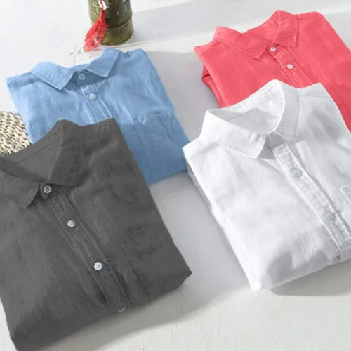 Vista 6 de Men's Long Sleeve Cotton Linen Shirts Casual Plain Simple Loose Button T Shirts Tops with Pocket