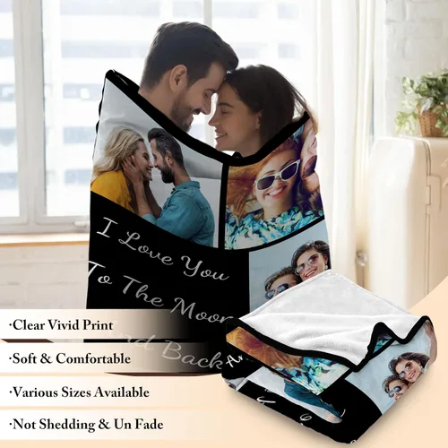 Vista 4 de Funny DIY Manta de fotos personalizada con texto, regalos personalizados para el día de San Valentín para parejas, novio, novia, manta personalizada