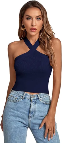 Vista 3 de Umenlele Camiseta corta sin mangas con cuello halter cruzado para mujer