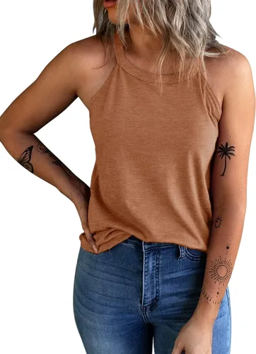 Vista 5 de KINLONSAIR - Camisetas sin mangas de verano para mujer con cuello redondo, estilo halter, para entrenamiento, casual, de tirantes, básicas A16_salmón