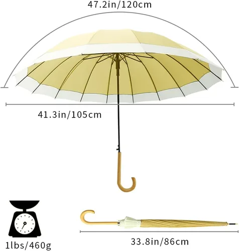 Vista 3 de Dlin Paraguas palo para mujer, resistente al viento, varillas de 16 quilates, elegante paraguas grande abierto automático con mango de gancho