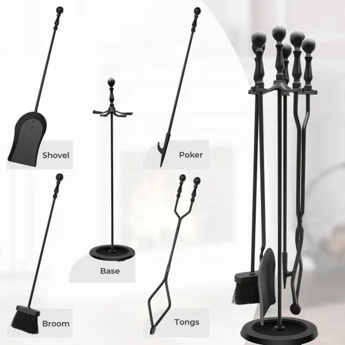 Vista 2 de Juego de herramientas para chimenea de 5 piezas, juego de herramientas de hierro fundido resistente con soporte, base estable de 31 pulgadas