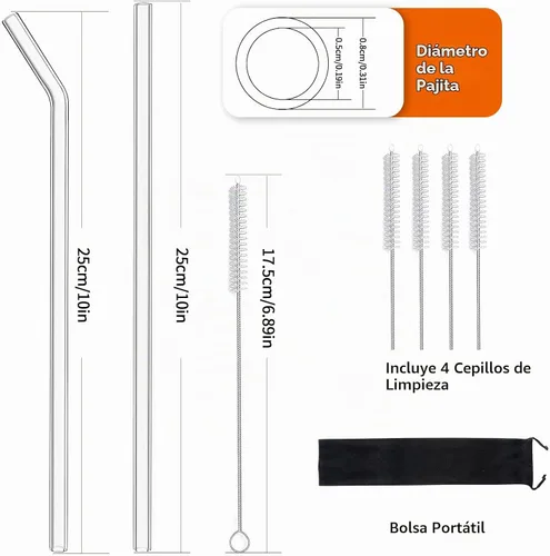 Vista 2 de Pajitas de vidrio – Juego de 24 popotes de vidrio transparente, popotes reutilizables de 10 pulgadas con cepillo de limpieza para vasos, Tervis