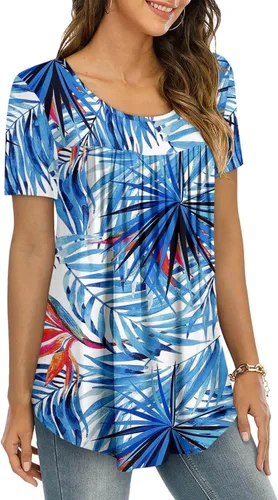 Vista 3 de ONLYSHE Blusa de manga corta para mujer, cuello en U, holgada, con volantes, plisada, túnica para leggings