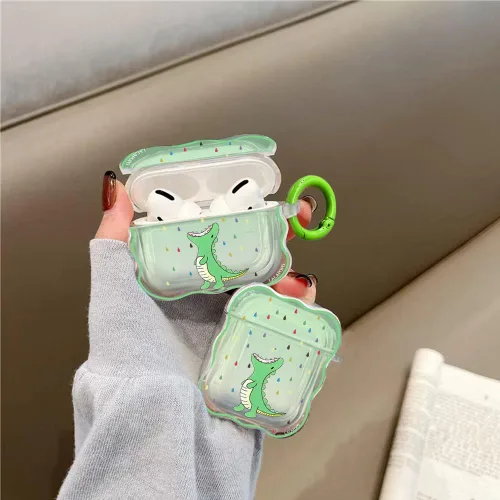 Vista 4 de Funda compatible con Airpods de dinosaurio, bonita funda con llavero para mujeres y niñas, funda protectora de dibujos animados Kawaii de silicona
