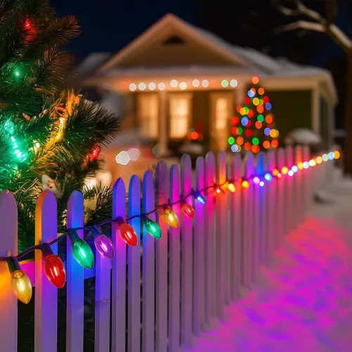 Vista 7 de C9 Luces de Cadena de Navidad, 25 pies 26 Bombillas Brillantes y Multicolores para Exteriores, Luces de Navidad para Techo, Patio, Jardín
