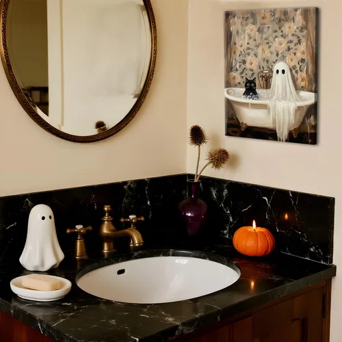 Vista 5 de Obras de arte en lienzo de fantasmas de Halloween para baño, decoración de pared con fantasmas de terror y lindo gato negro en la bañera, pinturas