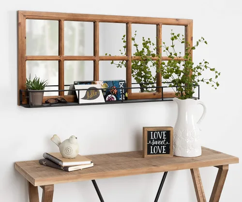 Vista 4 de Kate and Laurel Jackson Casual Farmhouse - Espejo de ventana de madera maciza de 10 pulgadas con estante de metal negro envejecido, 40 x 18
