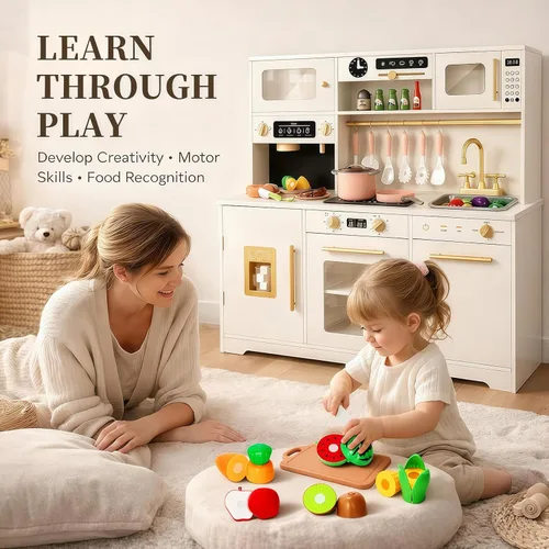 Vista 6 de Juego de cocina para niños, juego de cocina de juguete de madera con electrodomésticos y almacenamiento inteligente, juego de cocina para niños