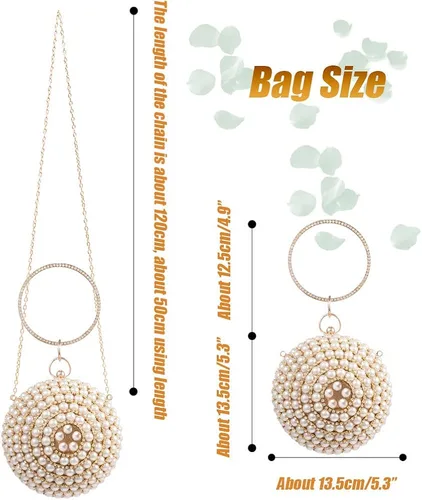 Vista 7 de Bolso redondo de la bola del embrague de la mujer deslumbrante completo Rhinestone borlas anillo de la manija del bolso de las perlas de la noche