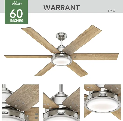 Vista 3 de Hunter Warrant - Ventilador de techo interior con luz LED, 60 pulgadas, níquel cepillado Acabado cepillo níquel (Brushed Nickel Finish)