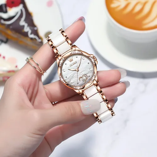 Vista 4 de OLEVS Elegante reloj automático para mujer, elegante, de cara grande, con diamante, resistente al agua, correa de cerámica de acero inoxidable