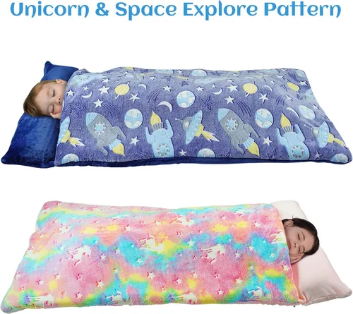 Vista 3 de Saco de dormir para niños que brilla en la oscuridad, para niñas y niños, tapete para siesta de 62 x 28 pulgadas, suave y cómodo para fiestas