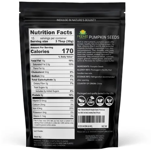 Vista 2 de Semillas de calabaza Moonee Naturals (1 libra), sin gluten, sin OMG, sin cáscara, sin sal, crudas (1 libra)