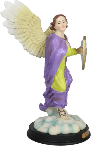 Vista 6 de Ebros Santo Arcángel Santo Selaphiel Sealtiel Llevando Escudo de Fe Estatua con Placa de Nombre de Latón 10 pulgadas de alto Ángel Selaphiel