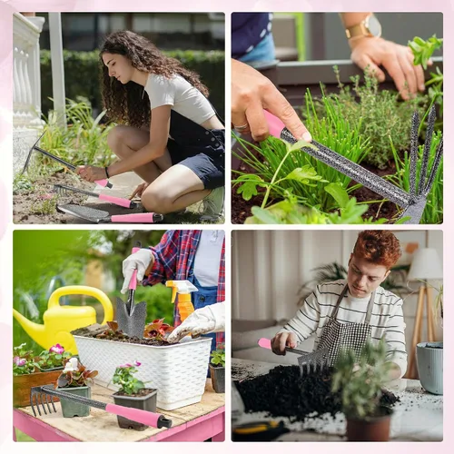 Vista 7 de WORKPRO Juego de herramientas de jardín rosa de 6 piezas, herramientas manuales de jardinería resistentes con mango de goma suave, incluyendo