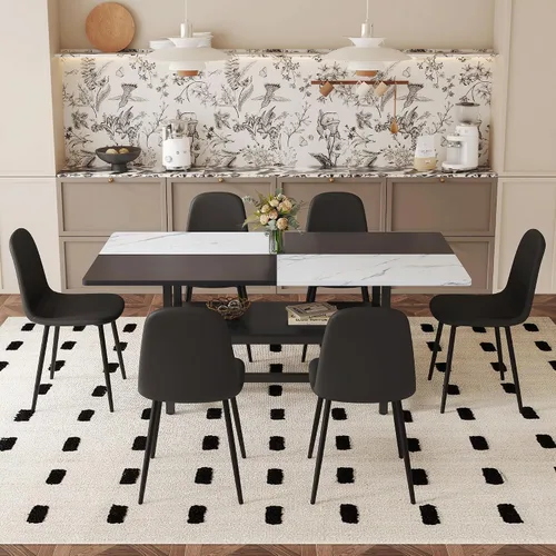 Vista 8 de Juego de mesa de comedor de 71 pulgadas para 6 personas con estante de almacenamiento, juego de mesa de comedor rectangular industrial moderna