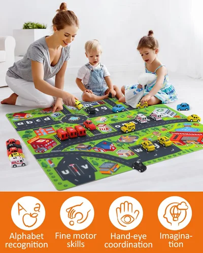 Vista 4 de Coogam Laberinto del Alfabeto, 26 piezas de coche tirador con alfombrilla de juego, juego preescolar de emparejamiento de letras para niños de 3, 4