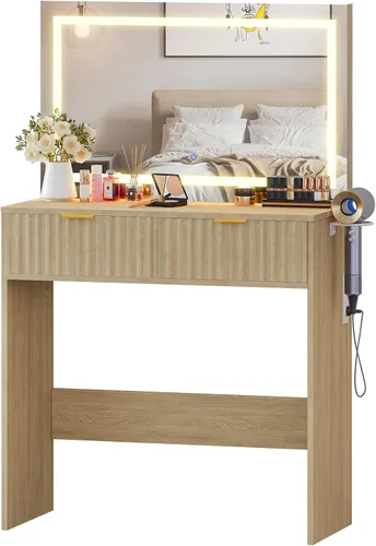 Vista 7 de Fluted Vanity Desk with Mirror and Lights, Makeup Vanity with 2 Drawers, 3 Lighting Modes Adjustable Brightness, Dressing Table for Bedroom, Natural