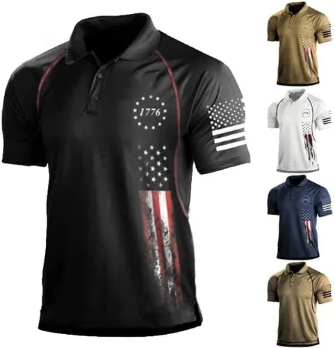Vista 3 de Kunthia Camisa polo de manga corta con estampado de bandera estadounidense de 1776 para hombre