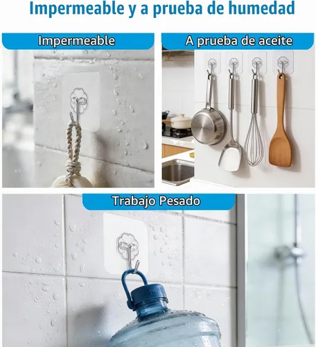 Vista 4 de Ganchos de pared de 33 libras (MÁX) autoadhesivos resistentes, 10 unidades, impermeables y a prueba de aceite, ganchos transparentes sin costuras
