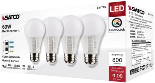 Vista 8 de Satco Bombilla LED S11775 9W 120V A19; Base mediana E26; CCT seleccionable; acabado blanco; 90 CRI (4 bombillas LED)