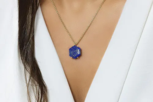 Vista 5 de Alluring Blue Lapis Lazuli Necklace - Hexagon Cut Pendant Necklace for Women - Handmade Fashion Necklaces, Gemstone Necklace - Birthstone Jewelry
