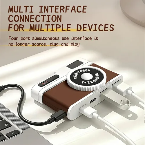 Vista 5 de Hub USB C, concentrador USB de 4 puertos con 2 puertos USB-A 2.0 y 2 puertos USB-C, adaptador USB compacto estilo cámara vintage para laptop