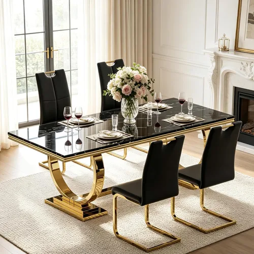 Vista 27 de Juego de mesa de comedor de mármol para 4, mesa de cocina rectangular de mármol blanco de 70 pulgadas con base en O de acero inoxidable dorado