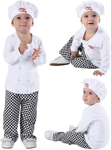 Vista 3 de COSLAND Disfraz de chef de 3 piezas para bebés y niños pequeños, traje de algodón de Halloween, 3 meses a 4T