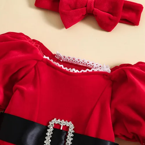 Vista 4 de Rswnyirn Vestido mameluco de Navidad para niñas pequeñas, vestido de tul de princesa de terciopelo rojo con diadema