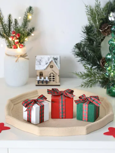 Vista 7 de Juego de 3 bandejas escalonadas de Navidad para decoración de mesa pequeña de madera (cuadros de búfalo 1)