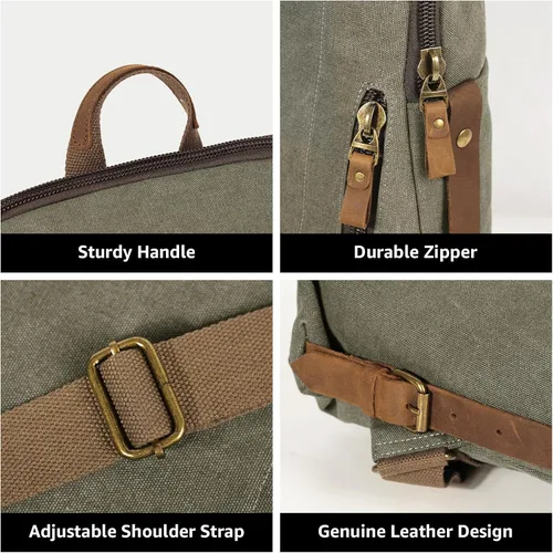 Vista 4 de KL928 Mochila de lona vintage para hombres y mujeres, mochila para laptop, mochila de viaje, bolsa de viaje al aire libre, verde oliva