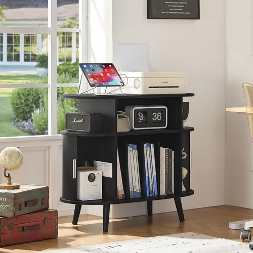 Vista 8 de LELELINKY - Pequeño soporte redondo para tocadiscos con estación de carga y estante de exhibición estriado, gabinete de tocadiscos negro de mediados