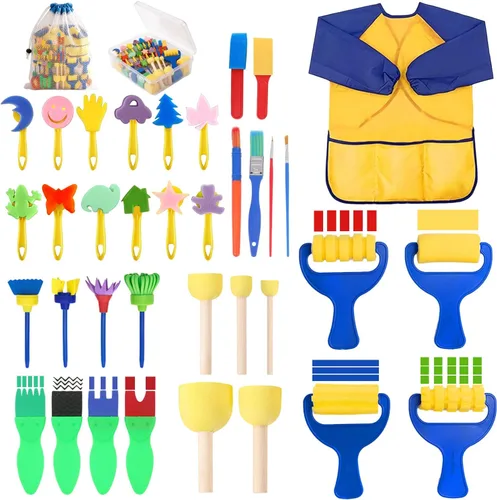 Vista 13 de 30 piezas de pintura de esponja de forma, pinceles de esponja para pintura acrílica, esponjas de manualidades con mango de madera para bricolaje