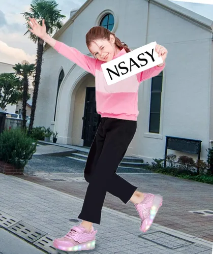 Vista 5 de Nsasy - Zapato deportivo para niña con ruedas para patinar y luces. Tenis deportivo con luces Led para niñas, regalo navideño para niños, rosado