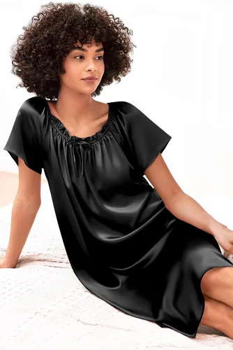 Vista 2 de Ekouaer Camisón plisado de seda satinada para mujer, ropa de dormir suelta, camisón estampado de manga corta