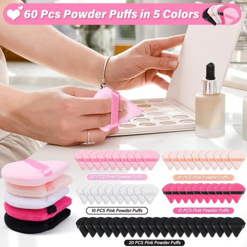 Vista 4 de Caffox 60 esponjas de polvo para polvo facial, soplo de polvo triangular para polvo fijador, soplos de maquillaje para polvo suelto y polvo