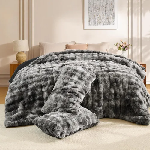 Vista 17 de Wajade Juego de edredón de felpa de pelo sintético teñido anudado negro, juego de ropa de cama mullido y peludo, juego de edredón de microfibra