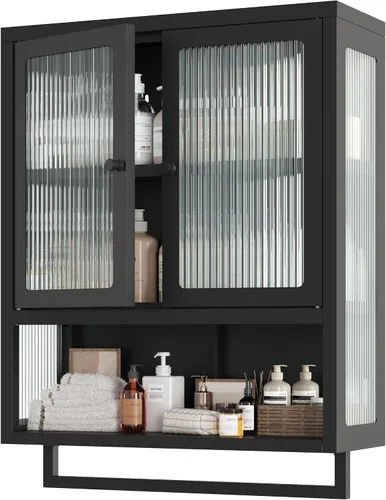 Vista 11 de Armario de pared de baño con 2 puertas de vidrio, botiquín de baño con barra de toallas y estantes, gabinete de almacenamiento sobre el inodoro