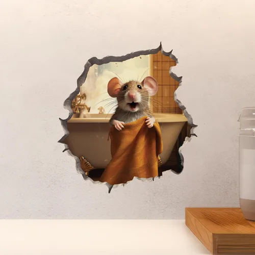 Vista 4 de Calcomanía de Pared de Ratón Saliendo de Agujero para Baño - Pegatina de Pared con Efecto 3D - Idea de Regalo Divertida