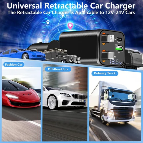 Vista 8 de [Apple MFi Certified] Retractable Car Charger, Linocell 120W USB C Car Charger 4 in 1 PD/QC Type C Fast Charging Cigarette Lighter Adapter for
