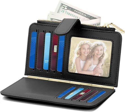 Vista 5 de PERFECB - Cartera para mujer, con bloqueo RFID, delgada, plegable, para tarjetas de crédito, con cremallera simple, Negro -, Cartera con tarjetero