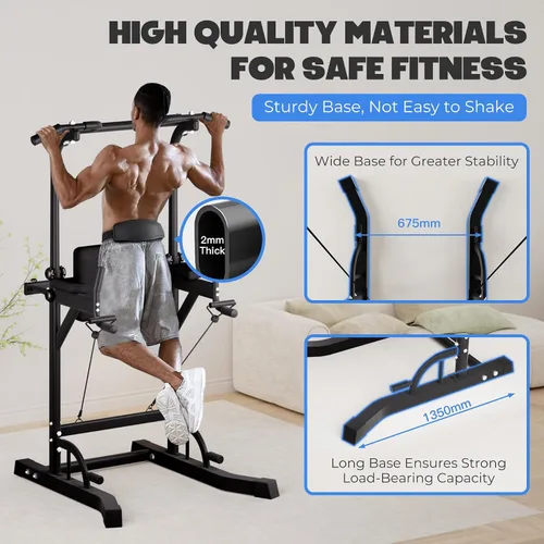 Vista 5 de Power Tower Pull Up Dip Station, Heavy Duty Pull Up Station Dip Bar Station Multi-Function Home Gym Strength Training Fitness Equipment 500LBS