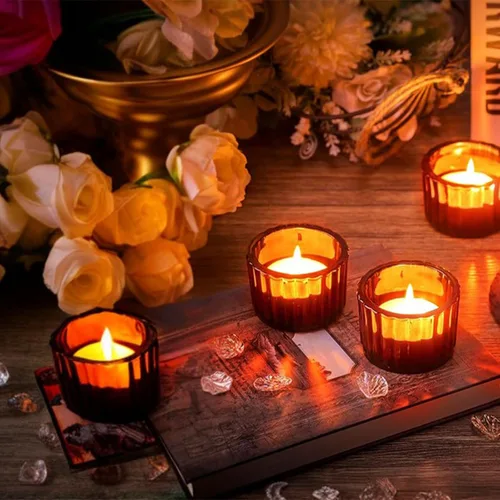 Vista 3 de GOLDEAL Portavelas ámbar Tealight, juego de 24 portavelas de vidrio grueso, portavelas votivas, para decoración de mesa de boda, suministros