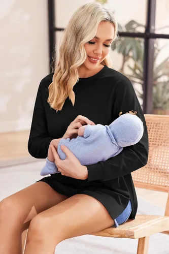 Vista 4 de Ekouaer Camisas de maternidad para mujer, manga larga, con abertura lateral, camiseta de embarazo, blusa tipo túnica, ropa casual para mamá